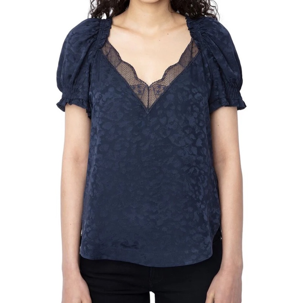 Zadig & Voltaire Tasty Jac Leo 100% silk blue leopard print puff sleeve shirt